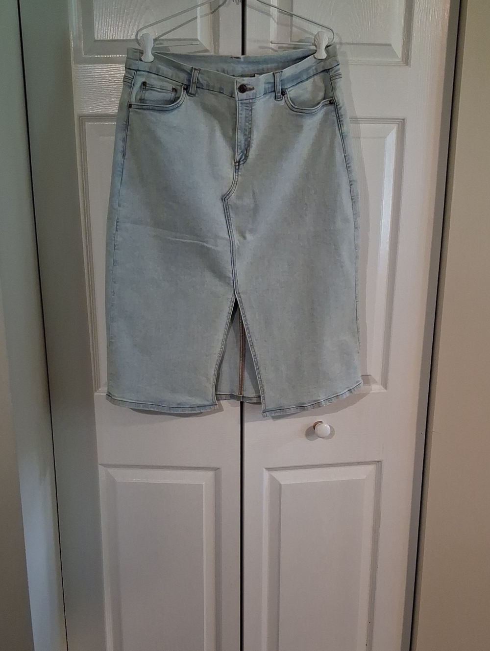 Light Wash Denim Midi Skirt with Front Slit - Women